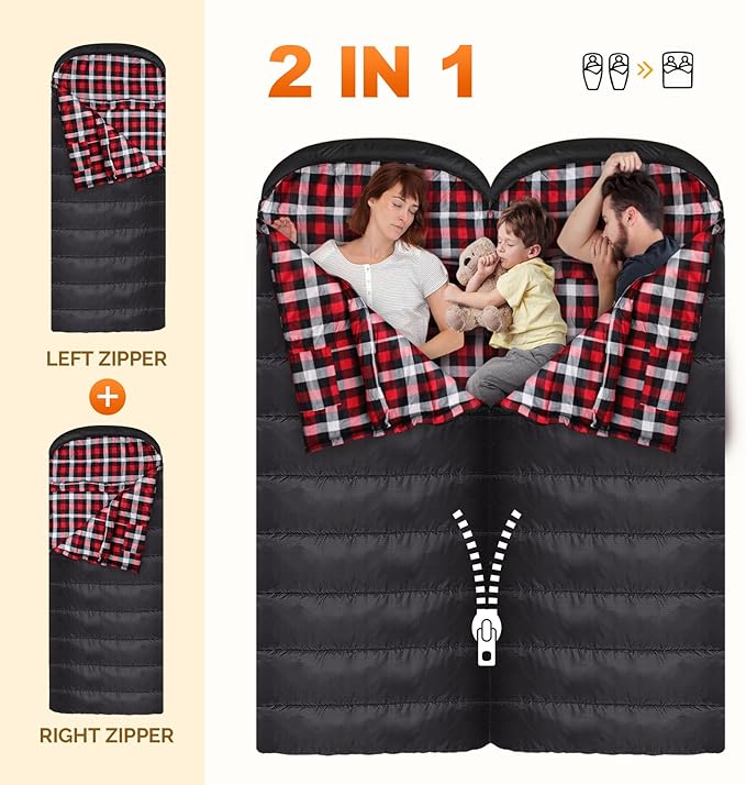 Flannel Sleeping Bag 0 Degree Cold Weather for Adults XXL Sleeping Bag 4 Season Big and Tall with Compression Sack
