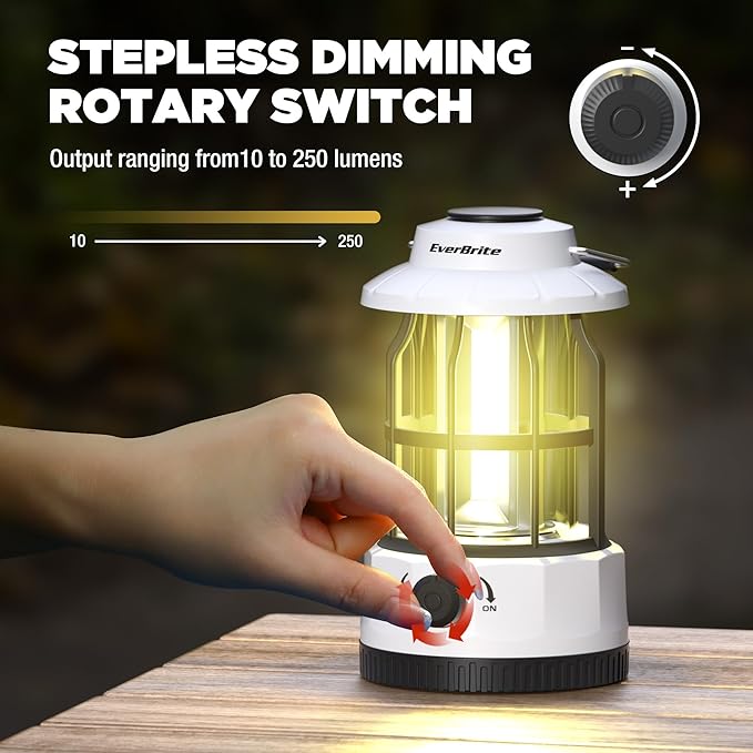 EverBrite LED Camping Lantern, USB C Rechargeable with Stepless Dimming, Vintage Portable Camping Lights & Lanterns for Power Outages, Hurricane, Emergency, Fishing, Home and More