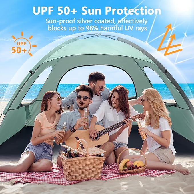 NXONE Beach Tent Sun Shade Shelter for 6 Person with UV Protection, Extended Floor, 3 Mesh Roll Up Windows & 8.5mm Fiberglass Rods丨Carry Bag Included (Mint Green)