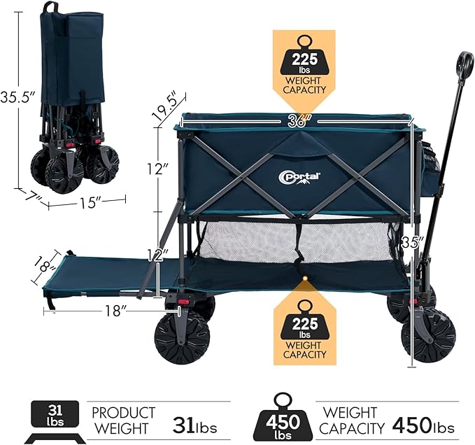 PORTAL Collapsible Double Decker Folding Wagon, Beach Cart with Tailgate, Big Wheels, 450LB Heavy Duty 14 FT Foldable Wagon for Camping, Sports, Garden, Shopping