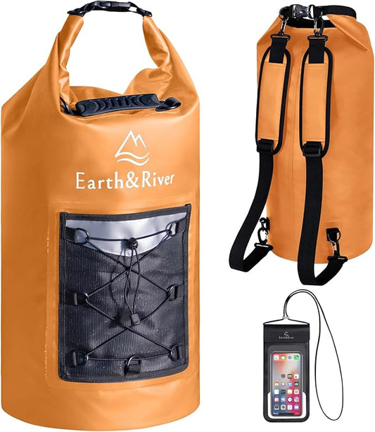 EARTH&RIVER Premium Dry Bag Backpack, Extra Thick, Protection for All Water Activities & Camping, Floating Lightweight Dry Bag with Inside Pocket Storage & IPX8 Waterproof Phone Case (Orange, 30L)