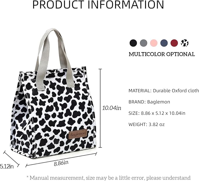 Lunch bag, Insulated Lunch Bag for Women Men, Lunch Containers Reusable Lunch Tote Bags for Work, Travel, Outdoor (Cow Print)