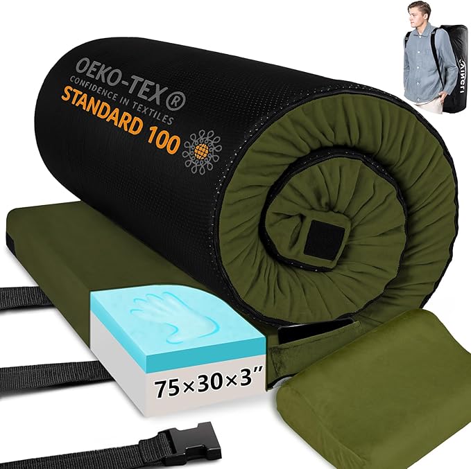 VINGLI 3 "Memory Foam Sleeping Pad Camping Mattress, Portable Floor Mattress Sleeping Mat Bed Roll Up for Guests Adult with Pillow & Phone Pocket