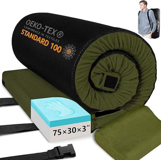 VINGLI 3 "Memory Foam Sleeping Pad Camping Mattress, Portable Floor Mattress Sleeping Mat Bed Roll Up for Guests Adult with Pillow & Phone Pocket