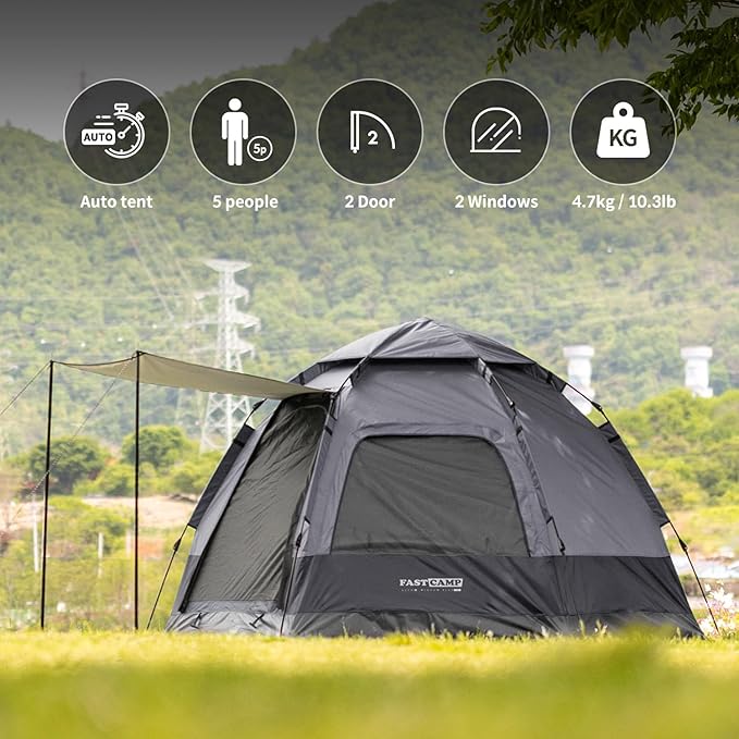 Instant Camping Tent for 4 Person,2 Mesh Windows & 2 Doors,Hexagonal Design,Easy Set Up pop up Tent with Vestibule & Rainfly, Ideal for Family Camp, Outdoor Activity