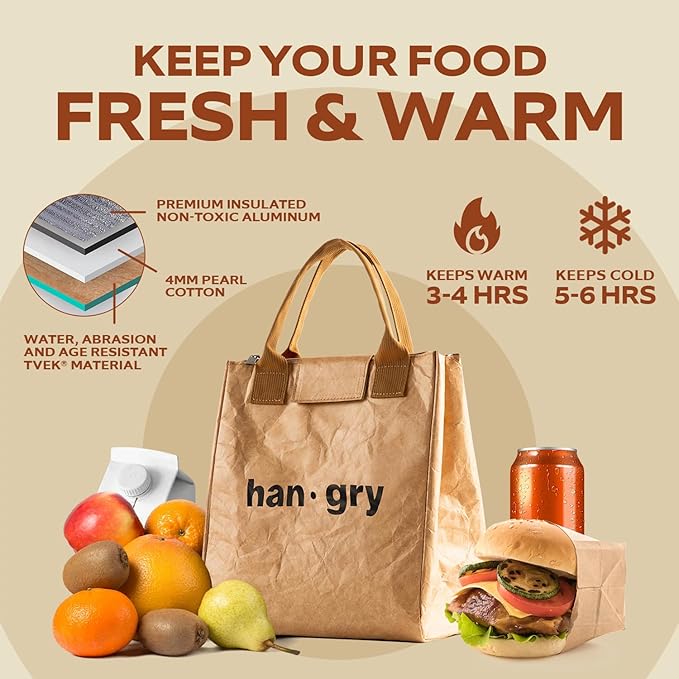 VonNova Insulated Lunch Box for Women, 7L Capacity, Leakproof Lunch Tote Bag, Durable Lunchbox made from Tyvek Material, Adult Cooler Bag for Work, Picnic, Travel and more (Hangry)