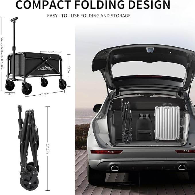 Collapsible Wagon Cart 220lbs Capacity, 4" Removable 360° Swivel Wheels & Adjustable, Waterproof 600D Oxford Fabric & MDF Base, All-Terrain Portable Utility Cart for Shopping, Garden