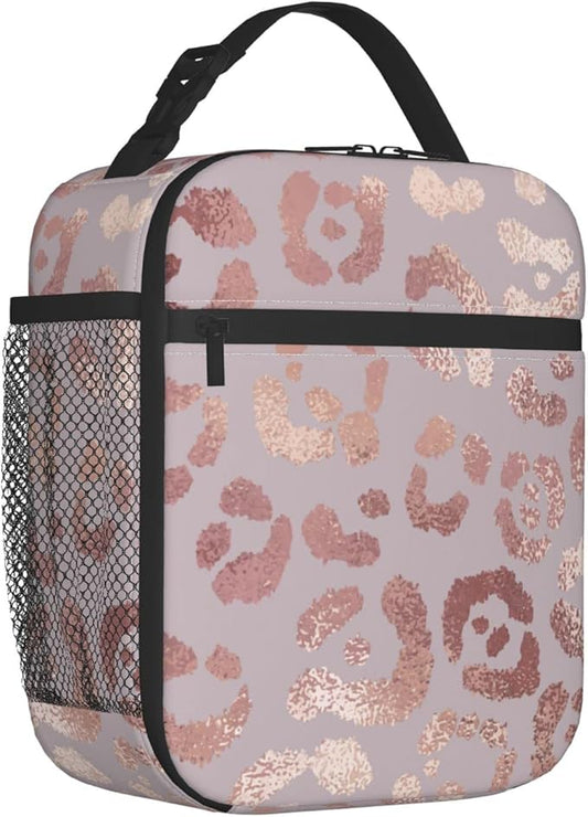 Rose Gold Leopard Lunch Box Reusable Insulated Lunch Bag Thermal Cooler Tote For Boys Girls Teen School Men Women Picnic Travel Hiking