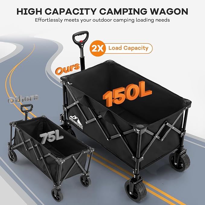 150L Wagon Cart Heavy Duty Foldable, Folding Utility Grocery Wagon with 220lbs Weight Capacity, All-Terrain Wheels for Shopping, Sports, Camping, Garden, Black