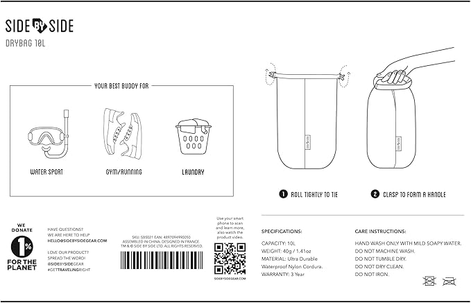 Side by Side Dry Bag 10 Liter Ultralight Waterproof – Lightweight Compression Sack for Kayaking, Hiking, Beach & Travel – CORDURA Fabric Stuff Sack for Wet Clothes, Gym Gear, Marine & Outdoor Use