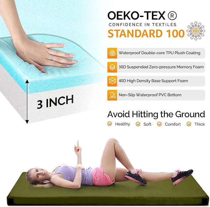 VINGLI 3 "Memory Foam Sleeping Pad Camping Mattress, Portable Floor Mattress Sleeping Mat Bed Roll Up for Guests Adult with Pillow & Phone Pocket