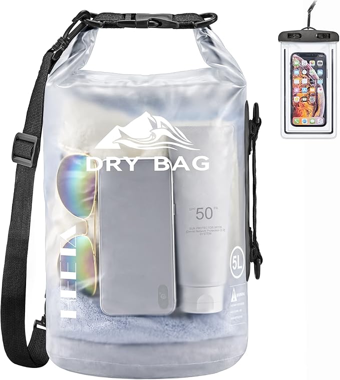 HEETA Dry Bag Waterproof for Women Men, 5L/10L/20L/30L/40L Roll Top Lightweight Dry Storage Bag Backpack with Phone Case for Travel, Swimming, Boating, Kayaking, Camping & Beach, 11 Transparent Colors