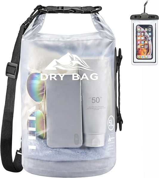 HEETA Dry Bag Waterproof for Women Men, 5L/10L/20L/30L/40L Roll Top Lightweight Dry Storage Bag Backpack with Phone Case for Travel, Swimming, Boating, Kayaking, Camping & Beach, 11 Transparent Colors