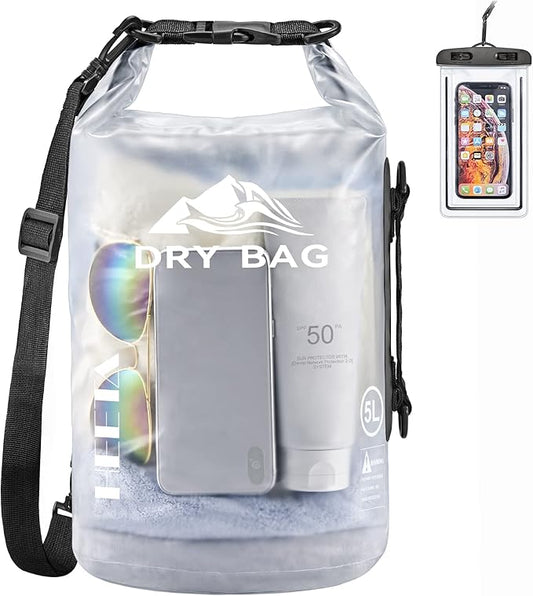 HEETA Dry Bag Waterproof for Women Men, 5L/10L/20L/30L/40L Roll Top Lightweight Dry Storage Bag Backpack with Phone Case for Travel, Swimming, Boating, Kayaking, Camping & Beach, 11 Transparent Colors