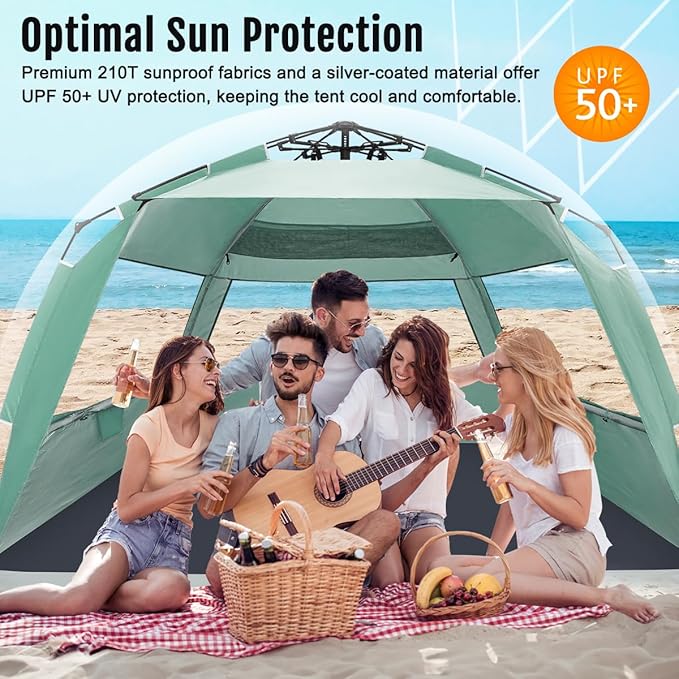 WhiteFang Deluxe Pop Up Beach Tent Sun Shade Shelter for 3-4/5-6 Person, UV Protection, Extendable Floor with 3 Ventilating Windows Plus Carrying Bag, Stakes, and Guy Lines
