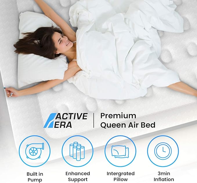 Active Era Premium 20" Queen Air Mattress with Built in Pump, Raised Pillow, Puncture Resistant Waterproof Soft Top, Elevated Inflatable Bed for Guests Queen Size Blow Up Mattress, Quick Electric Pump