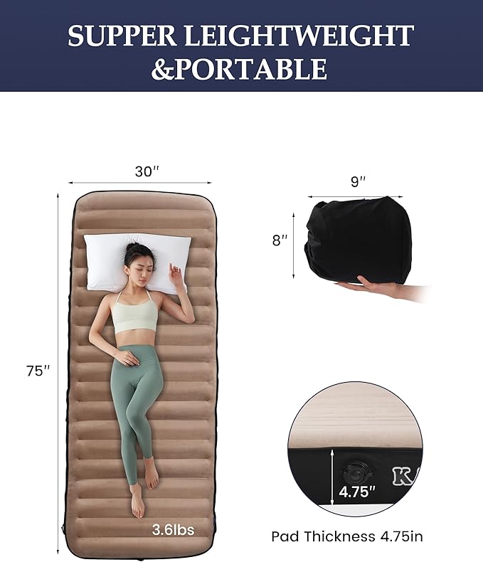 Inflatable Sleeping Pad for Camping, Extra-Thick 4.75 Inch Air Mattress with Soft Cotton Top, Machine Washable, Family Lightweight 4-Season Pad for Camping, Traveling & Hiking, Brown