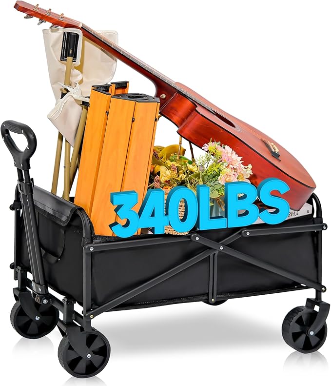 Collapsible Foldable Wagon, Heavy Duty Folding Utility Garden Cart Wagon for Sports, Camping, Garden, and Shopping, Black (5 Inches)