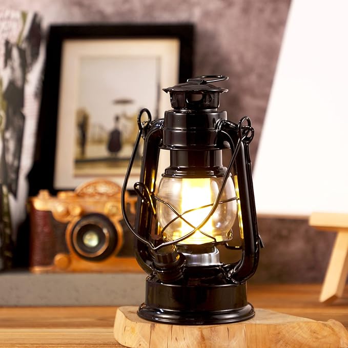 Hortsun 8 Pcs Black Vintage LED Camping Lanterns Warm LEDs and Dimmer Switch Battery Operated Metal Hurricane Farmers Hanging Lantern for Indoor Outdoor Usage Decor (8 Inch)