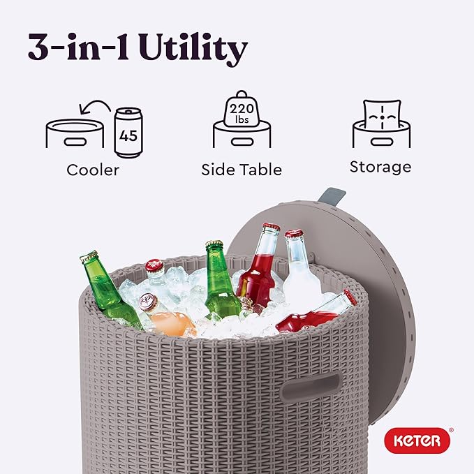 Keter Cool Side Table Cooler 3 in 1 Outdoor Patio Table and Ice Chest Storage, Ideal Hot Tub Table, Decor and Outdoor Patio Bar, Portable Bar, Taupe