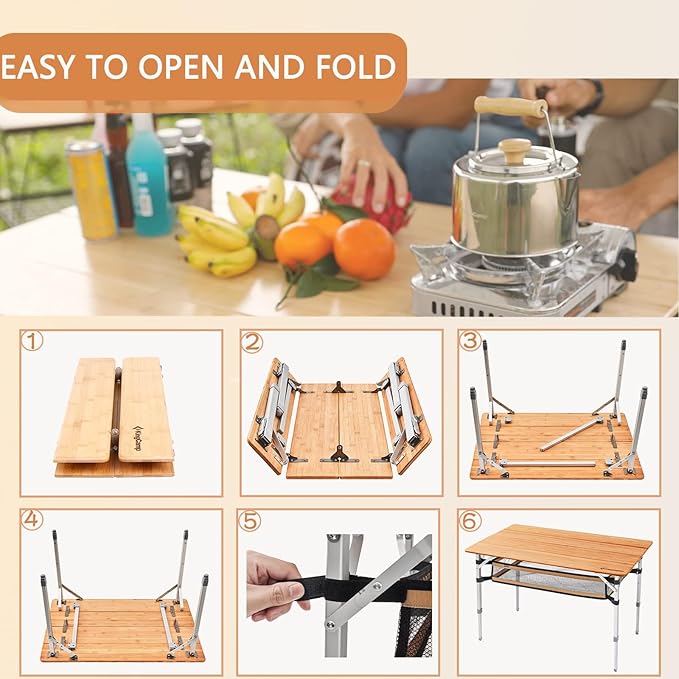 KingCamp Lightweight Stable Bamboo Folding Camping Table Bamboo Outdoor Folding Tables Adjustable Height Portable Picnic
