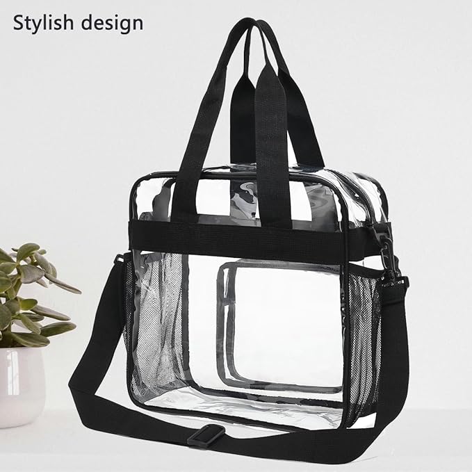 FlowFly Clear Bag for Stadium Events With Shoulder Strap for Women, Men, Large and Reusable Lunch Container, Work and Sporting Events, Travel 12x6x12 Clear Tote Bag, Clear#Black