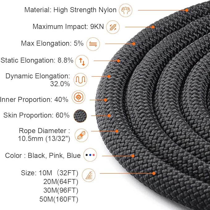 X XBEN Outdoor Climbing Rope 10M(32ft) 20M(64ft) 30M(96ft) 50M(160ft) 70M(230ft) 152M(500FT) 352M(1000FT) Static Rock Climbing Rope for Escape Rope Ice Climbing Equipment Fire Rescue Parachute