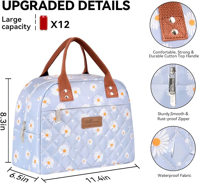 HOMESPON Insulated Lunch Bag for Women Men Adults Lunch Tote with Front Pocket Lunch Box Container Cooler Bag for Work Picnic (Blue Daisy)