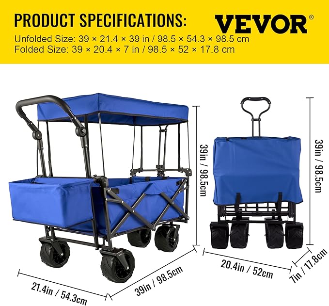 Happbuy Collapsible Wagon with Removable Canopy, 220lbs Heavy Duty Foldable Beach Wagon with Big Wheels