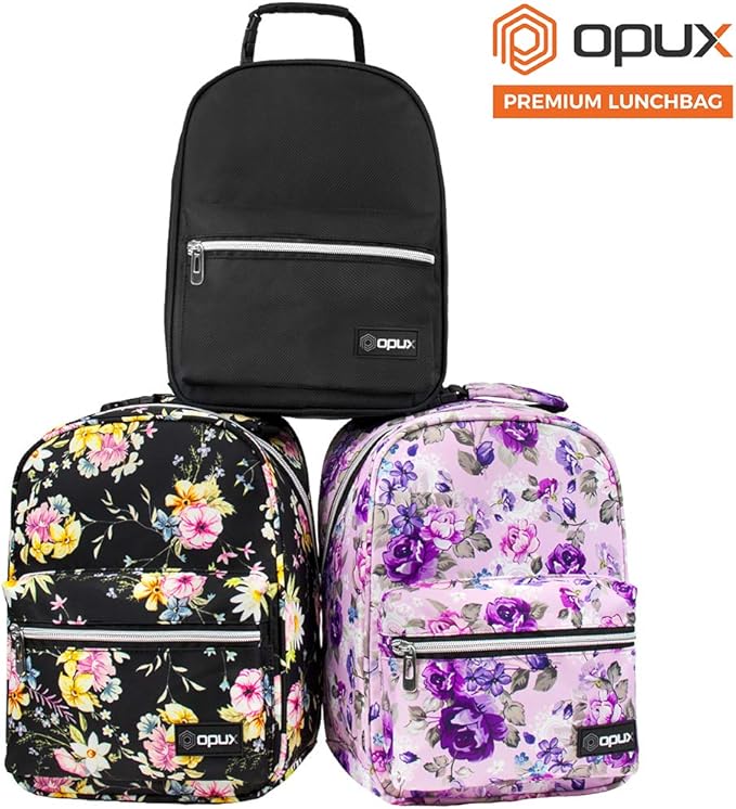 opux Lunch Box for Girls Boys Kids, Insulated Leakproof Lunch Bag, Reusable Teen Lunch Boxes for School, Medium Large lunchbox for Women Men Adult for Work with Front Back Pocket (Floral Black)