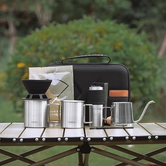 Pour Over Coffee Maker Set - All-in-1 Portable Manual Coffee Grinder With Stainless Steel Conical Burr, Collapsible Silicone Coffee Dripper, Gooseneck Kettle