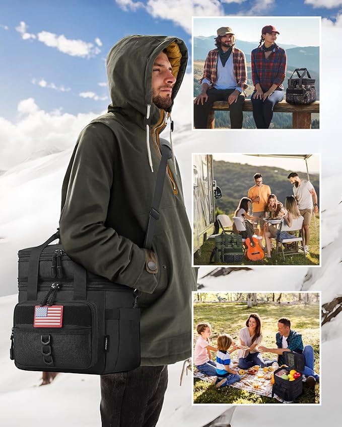 JOYHILL 18 L Tactical Lunch Box - Insulated, Leakproof, and Expandable Double-Deck Cooler Bag for Work, Camping, Picnic - Durable Black Lunch Bag for Adults,24 Can