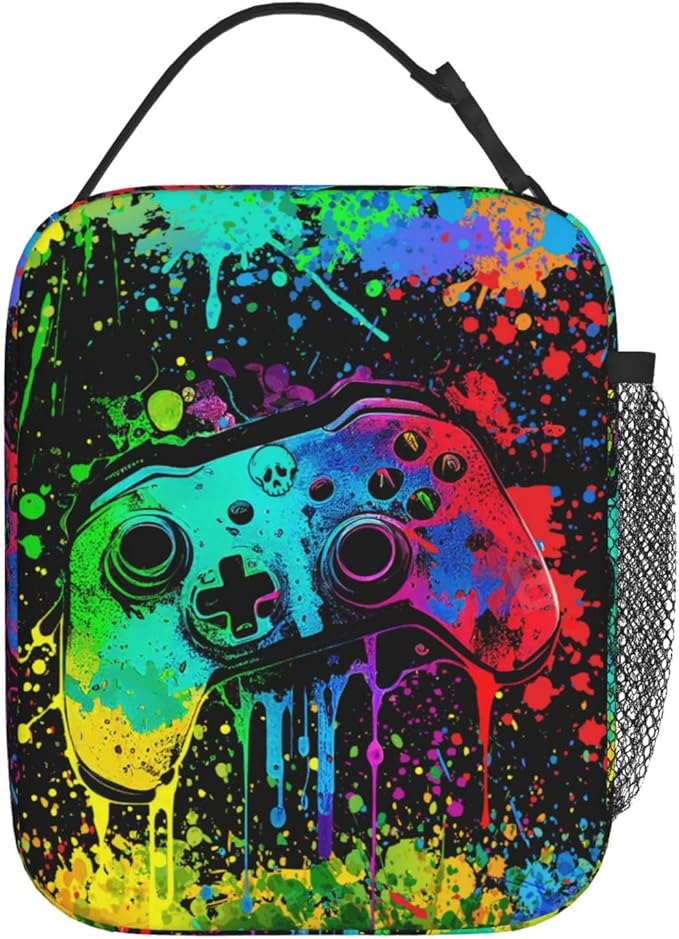 Video Game Controller Insulated Lunch Bag, Colorful Abstract Artist Painting Lunch Box for Boys Girls Kids, Portable Reusable Zipper Lunch Box for Men Women School Work Travel