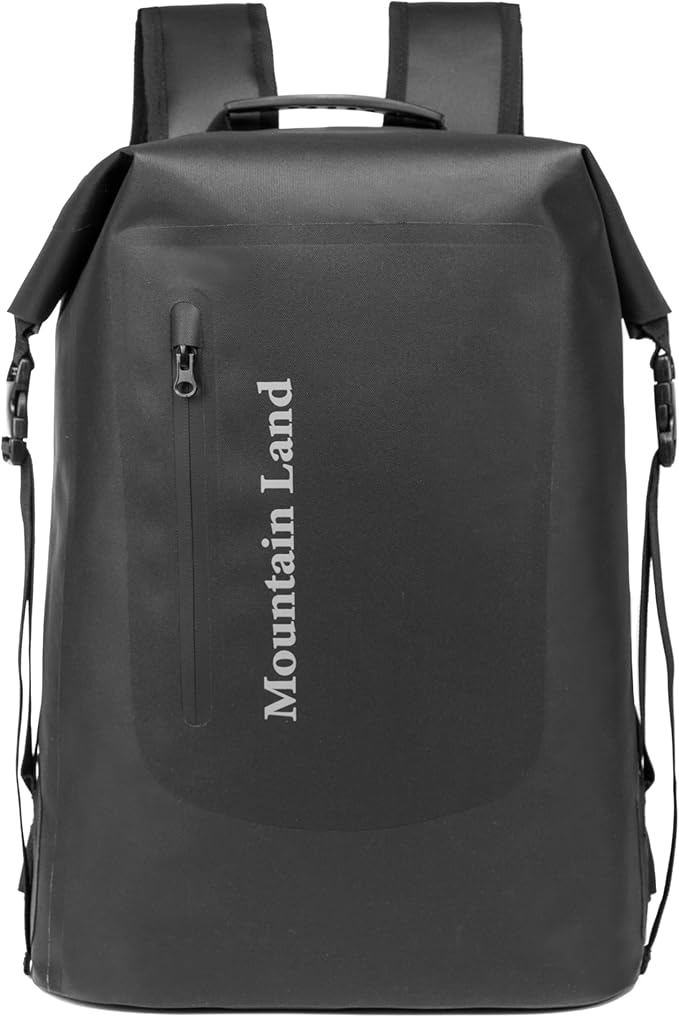 Mountain Land Waterproof Backpack Made of Composite TPU, Roll-Top Closure Dry Bag with Front-Zippered Pocket Cushioned Padded Back Panel Black 30L