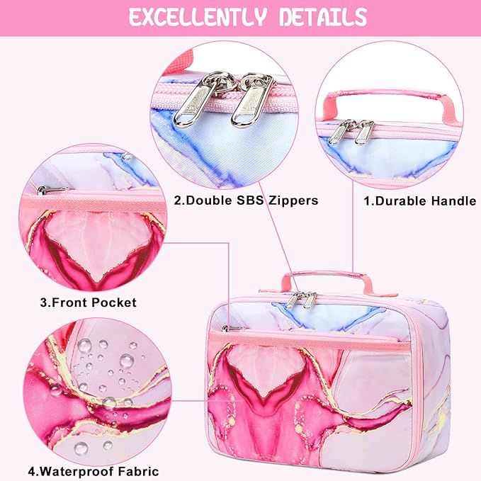 LOIDOU Lunch Box Kids Girls Boys Insulated Lunch Bag Thermal Meal Tote Women Reusable Lunch Pail Bags for School Travel (Marble Pink)