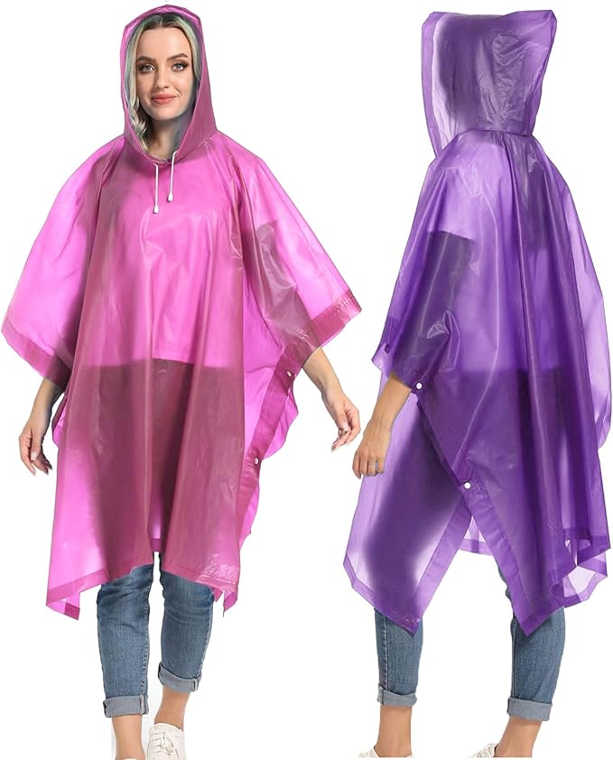 Reusable Rain Ponchos with Drawstring Hood for Adults, Waterproof Thicken Rain Coat, 2 Packs