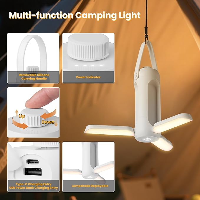 4-in-1 Multifunctional Camping Lantern, 10000mAh Rechargeable Power Bank, SOS Red Flashlight, 360° Expandable LED Light for Hiking, Fishing, Emergency, Outdoor Adventure