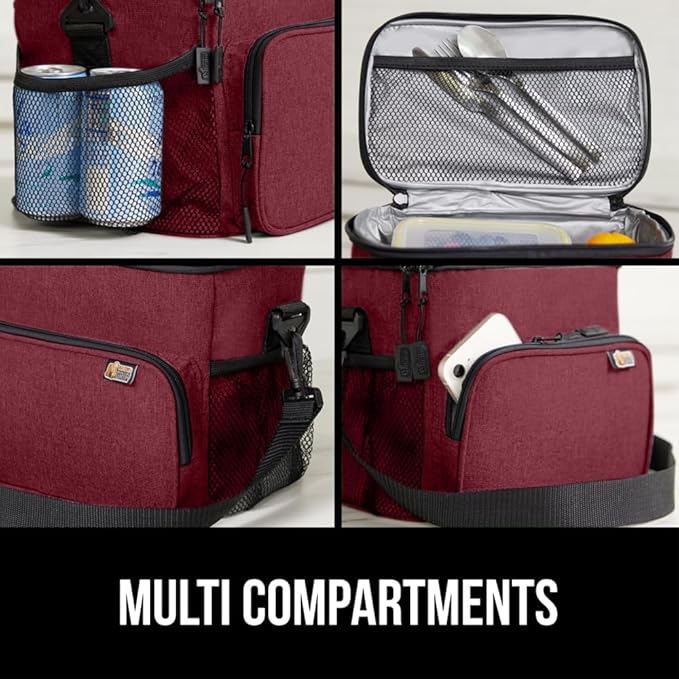 GORILLA GRIP Reusable Insulated Lunch Box Bag for Women Men, XL 15L, Leakproof Soft Cooler Bags, Multiple Compartments, Mesh Pockets and Adjustable Strap, Food Tote Keeps Drinks Cold, 13x9, Burgundy