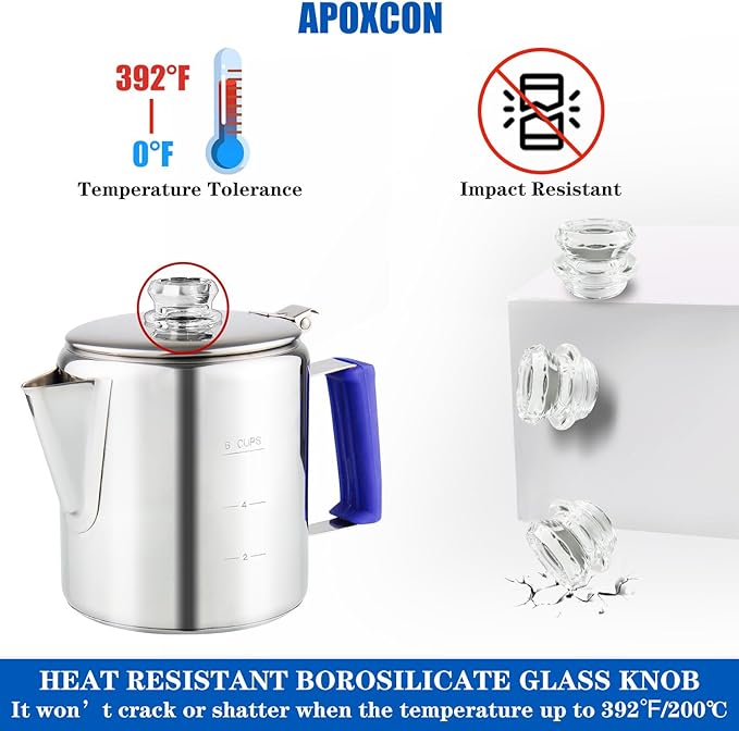 Multi Use Percolator Coffee Pot Stainless Steel Stove Top Coffee Maker with Two Tough Borosilicate Glass Knob Silica Handle Camping Coffee Pot Using on Campfire Stove & Induction Cooker Silver 6 Cup