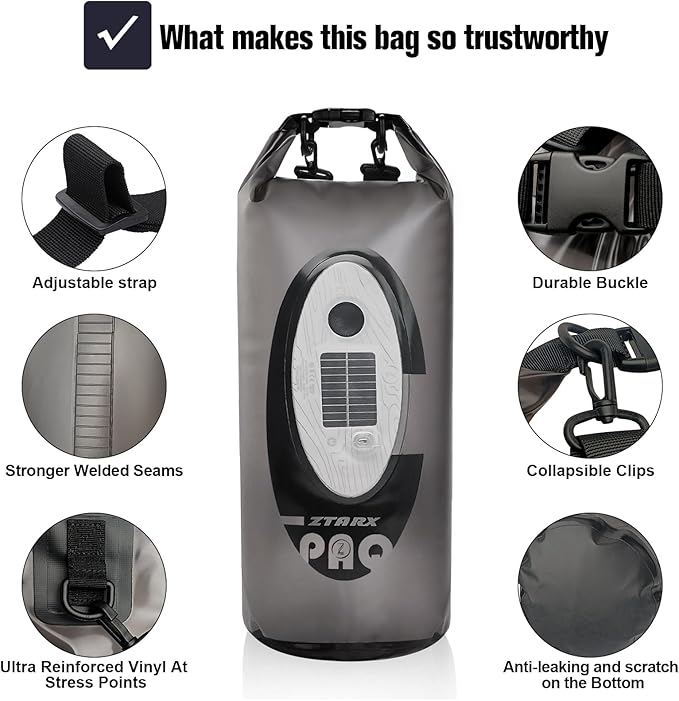 Dry Bag Waterproof with Solar Bluetooth Speaker & Light - 10L/20L Roll Top Dry Sack Keeps Gear Dry for Men Women Kayaking, Beach, Rafting, Boating, Hiking, Camping and Fishing