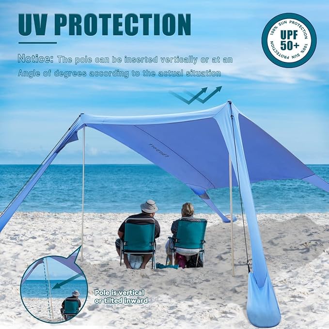 FBSPORT Beach Tent Sun Shelter, Portable Beach Shade Canopy UPF50+ with Sandbags for Outdoor Family Camping, Fishing, Backyard Fun, Picnic, 7 x 7ft