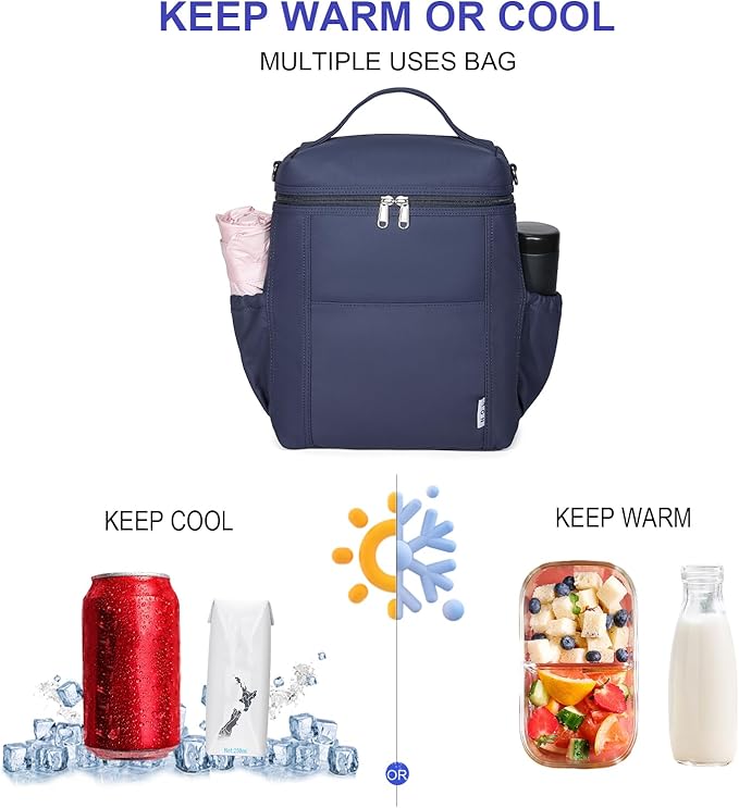 NOL Natural Organic Lifestyle Insulated Lunch Bags for Women Cooler Bag Lightweight Nylon Waterproof Lunch Box For Work (Navy blue, Large)