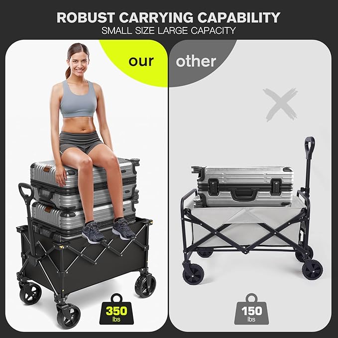Foldable Collapsible Wagon Cart with 150L Large Capacity, Utility Beach Wagons Carts Heavy Duty, Portable Folding Wagon with All-Terrain Wheels for Grocery Gardening Sports Shopping Fishing (Black)
