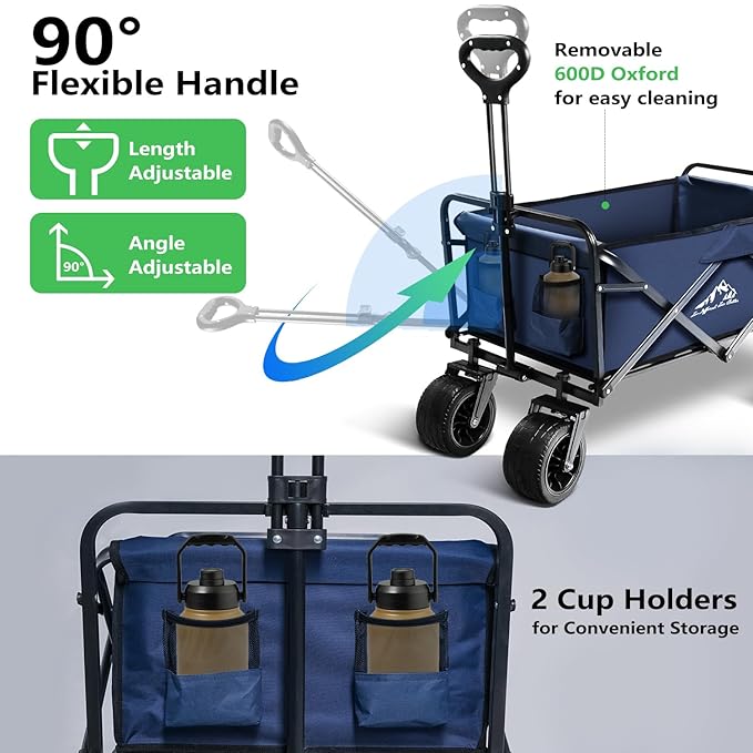 Collapsible Folding Wagon, Capacity 300lbs Heavy Duty Foldable Cart with Two Drink Holders, Portable Utility Grocery Wagon for Camping Shopping Sports, Blue