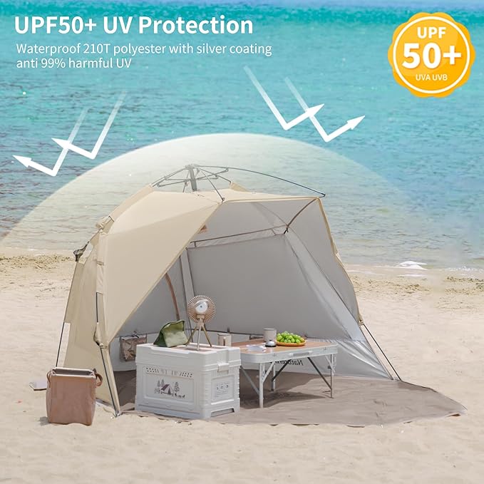 Naturehike Beach Tent Sun Shelter for 3-4 Person, Automatic Easy Set up Pop up Instant Tent, UPF50+ UV Protection Portable Canopy Privacy Tent (Light Brown)