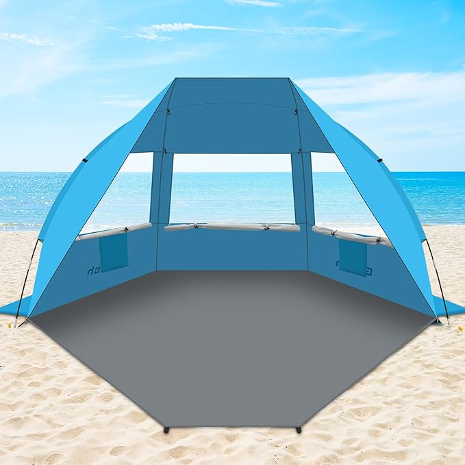 Gorich Portable Beach Tent for 3-7 Person with UPF 50+ UV Protection, Lightweight & Foldable Sun Shelter with 5 Sand Bags, Easy Setup Windproof Beach Umbrella Sun Shade