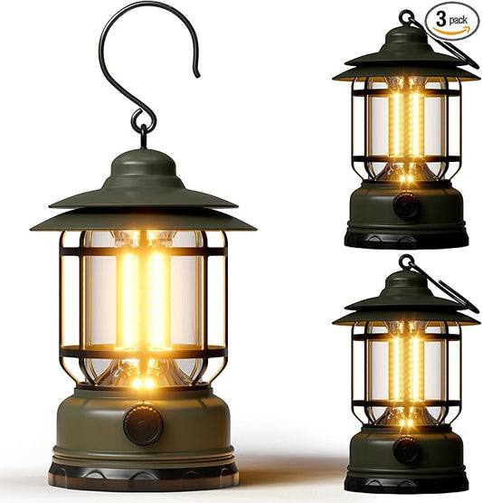 3 Pack LED Camping Lanterns Battery Powered Rechargeable Lantern with Stepless Dimming Vintage Portable Camping Lights & Lanterns for Emergency Fishing Camping Hiking Power Outage Tabletop