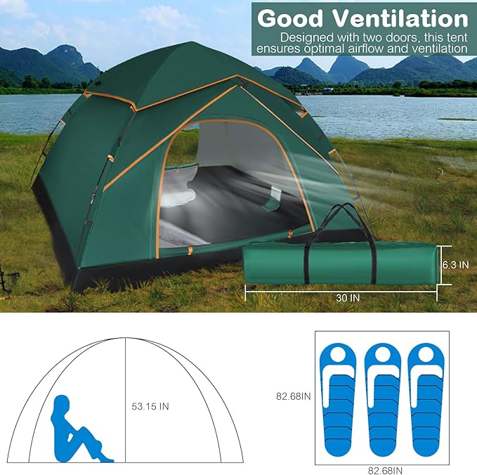 Pop Up Tents for Camping, 3-4 Person Camping Tent 60s Automatic Easy Setup Dome Tent, Waterproof Family Camping Tents, Lightweight Tents for Camping Hiking Backpacking Fishing Hunting