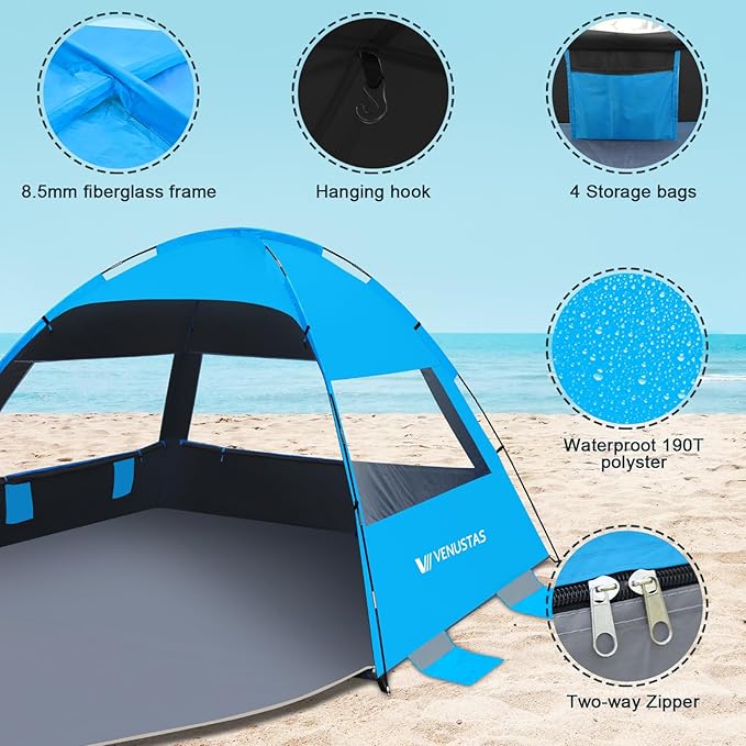 Venustas Beach Tent Sun Shelter for 3-10 Person, UPF 50+ UV Protection Canopy, Lightweight and Easy Setup Cabana, Portable Beach Shade