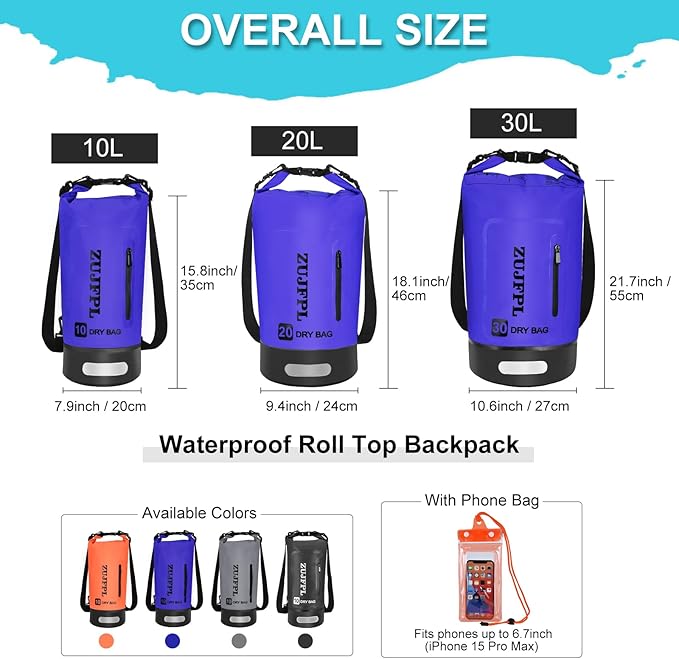 Dry Bag Waterproof Floating Backpack 10L/20L/30L,Waterproof Bag for Women Men,Roll Top Dry Compression Sack Keeps Gear Dry for Boating, Kayaking, Surfing, Rafting and Fishing (dark blue, 30L)